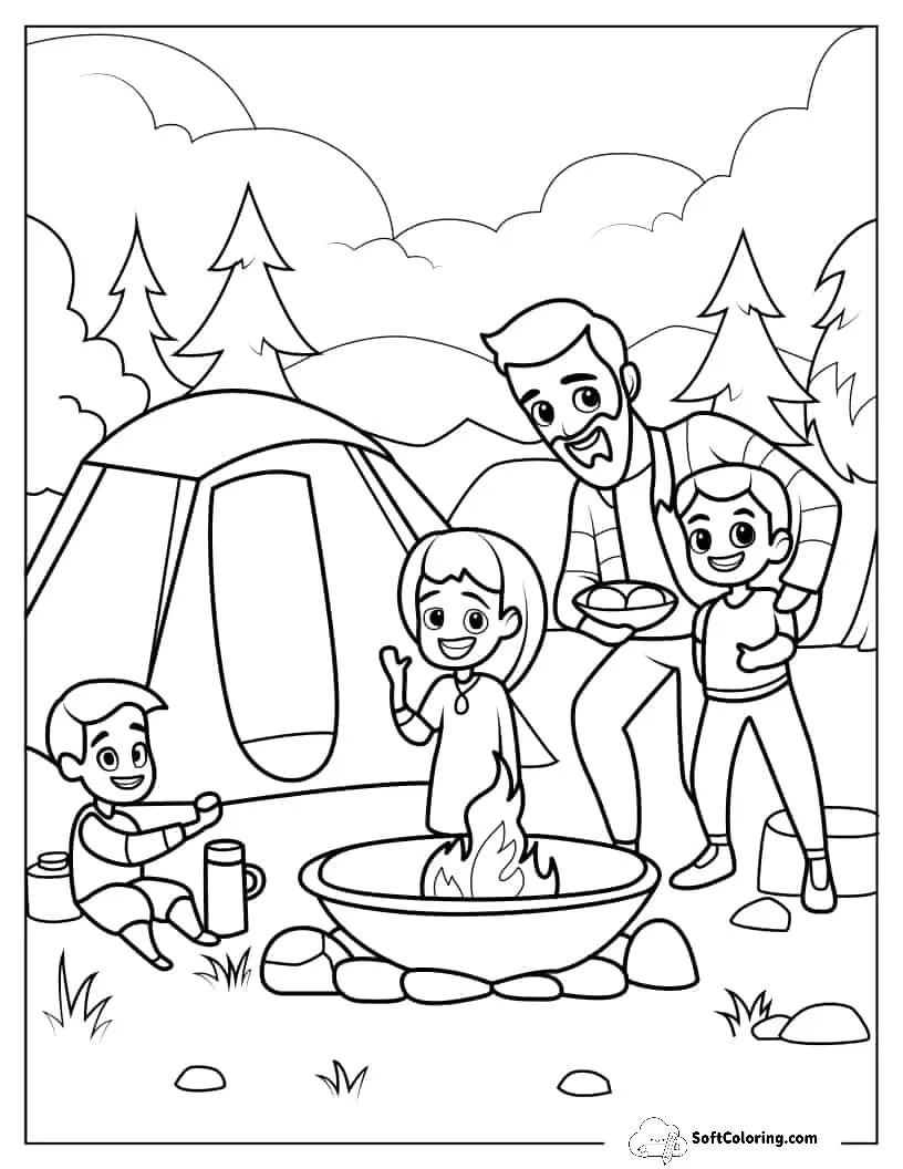 Easy Coloring Sheet Of Family Camping