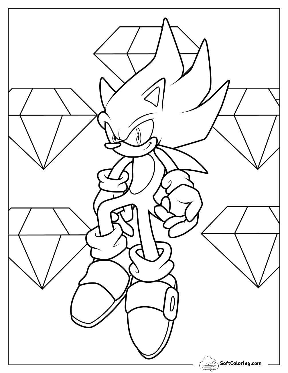 Easy Hyper Sonic Coloring Page In The Middle Of Chaos Emeralds For Kids
