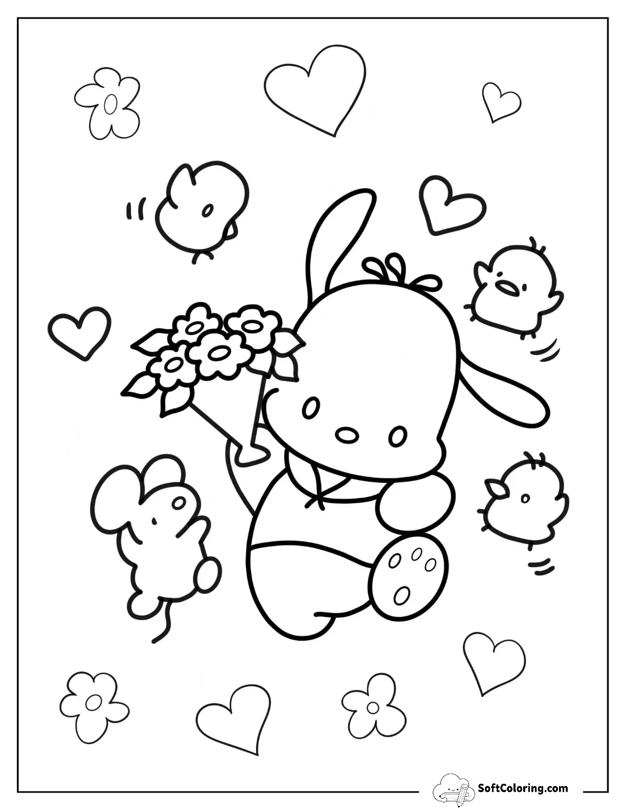 Easy Pochacco Holding Flower Bouquet With Choppy And Chicks
