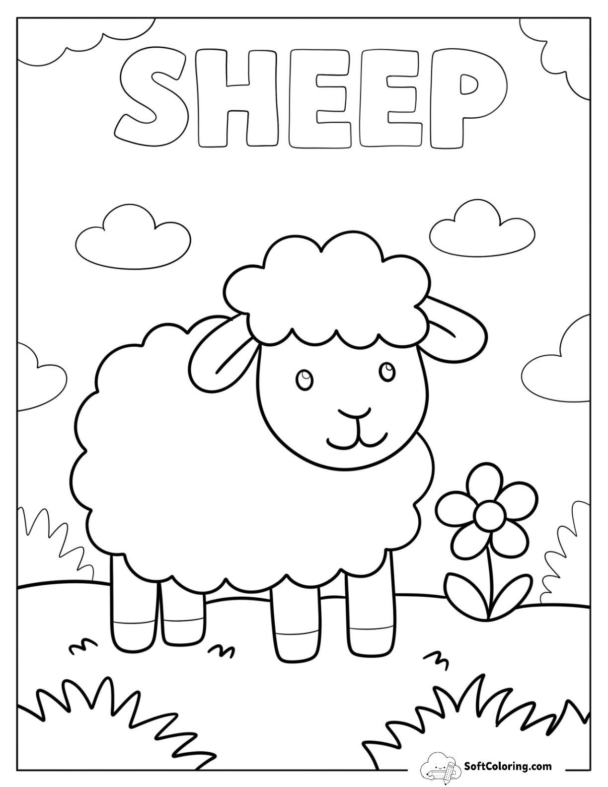 Easy Sheep Coloring Page With Flower And Large Text