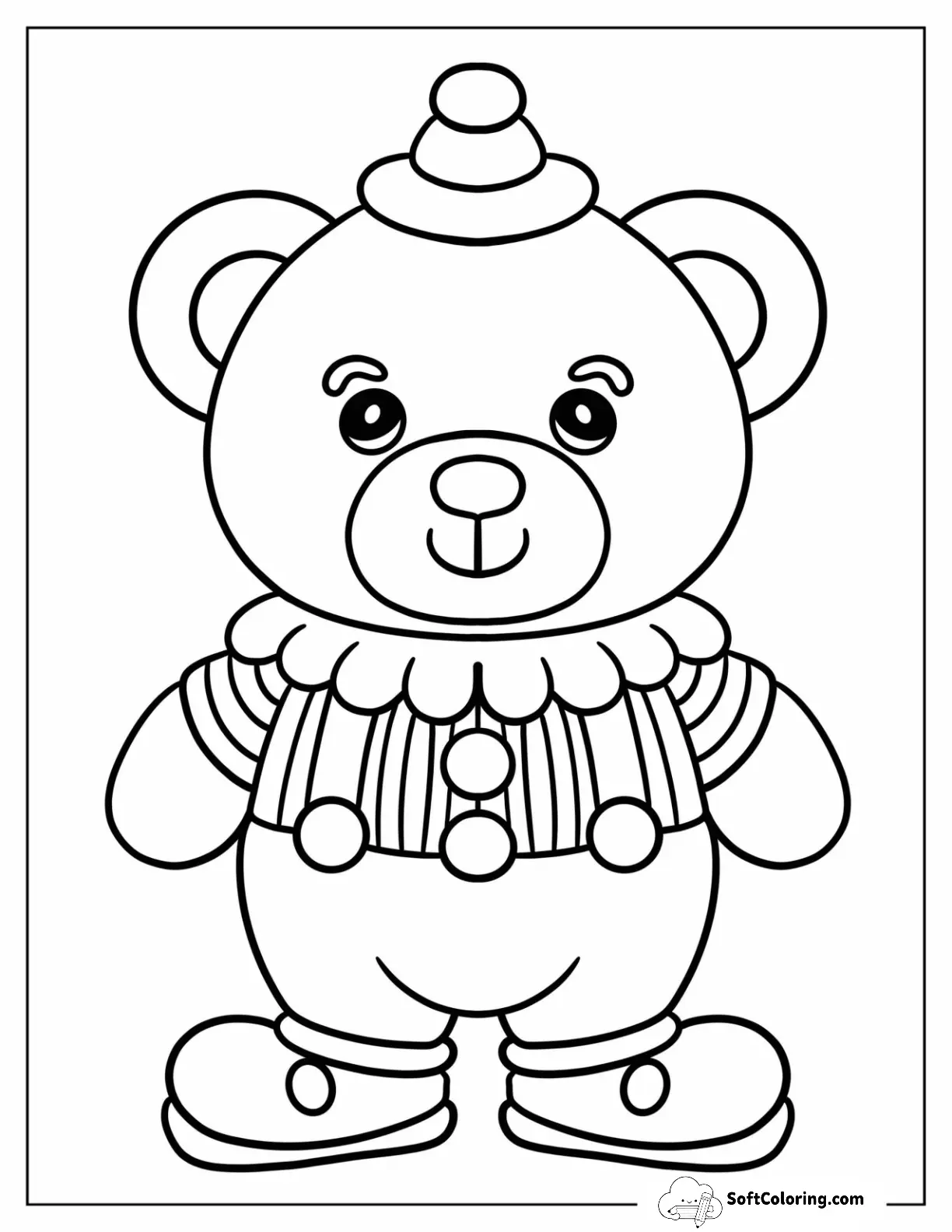 Easy Teddy Bear Clown Coloring Page With Tiny Hat For Preschoolers