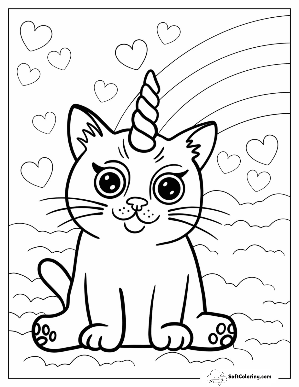 Easy Unicorn Cat Sitting On The Clouds For Preschoolers