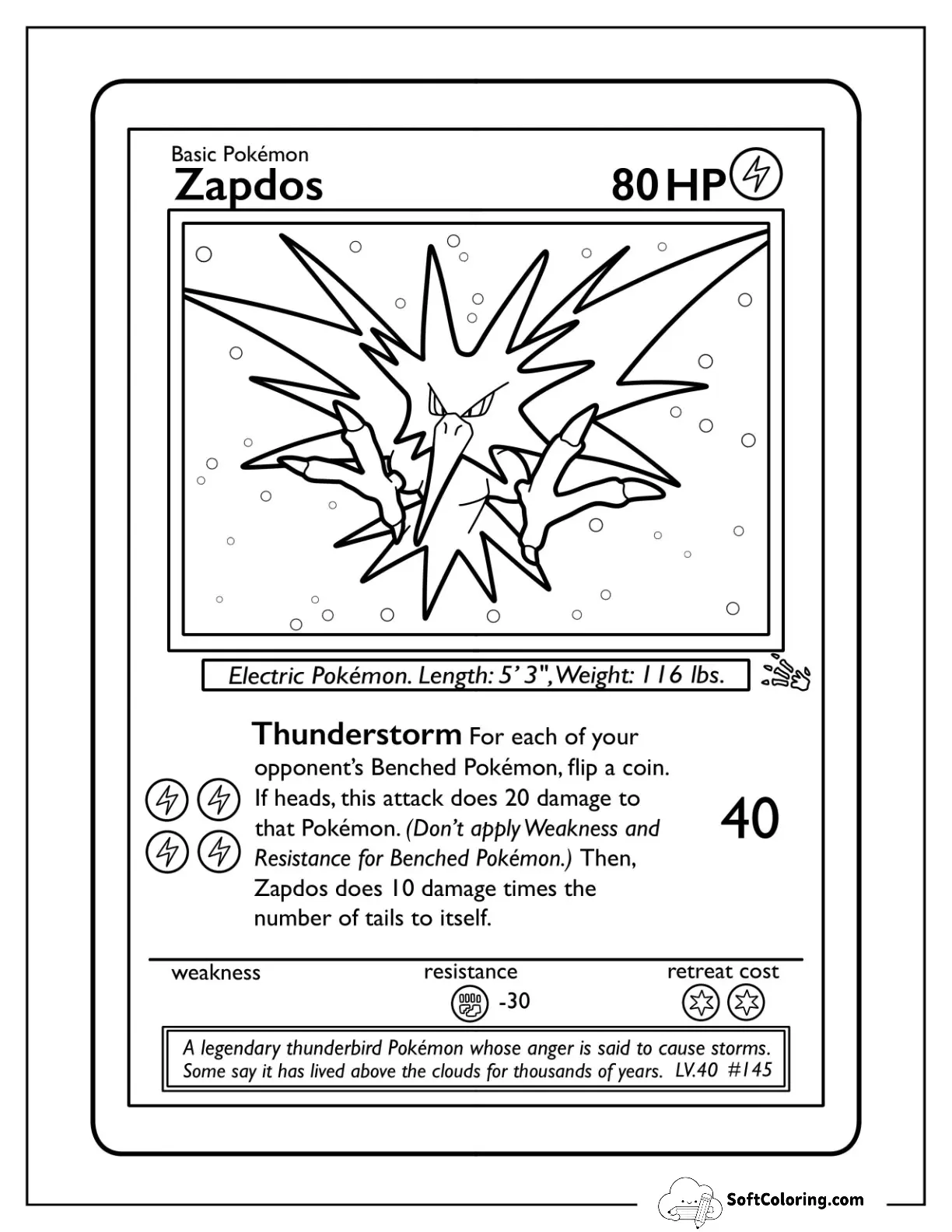 Easy Zapdos Thunderstorm Pokemon Card Coloring Sheet For Kids