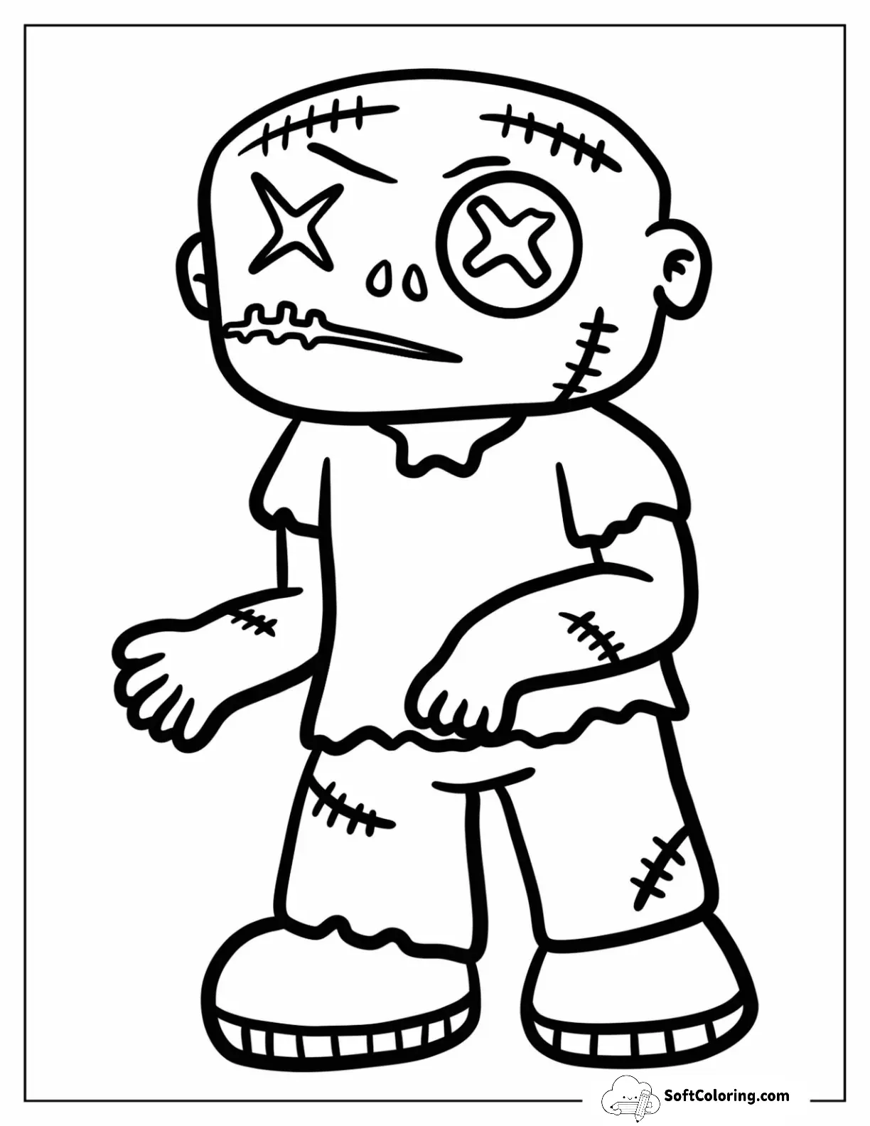 Easy Zombie Coloring Page Of With Stitches For Kids
