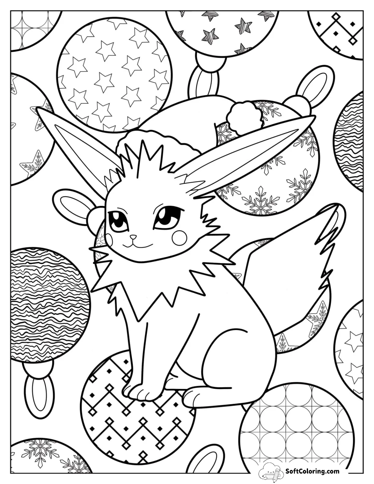 Eevee Wearing Santa Hat With Christmas Baubles In The Background