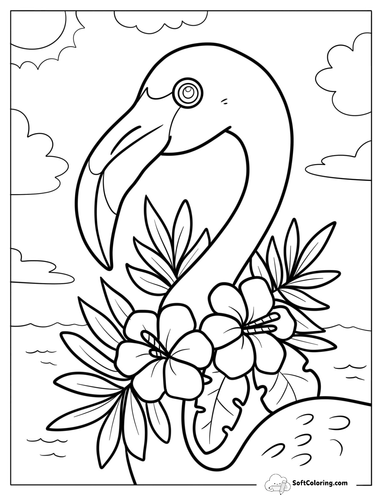 Elegant Flamingo With Hibiscus Flowers In A Hawaiian Paradise
