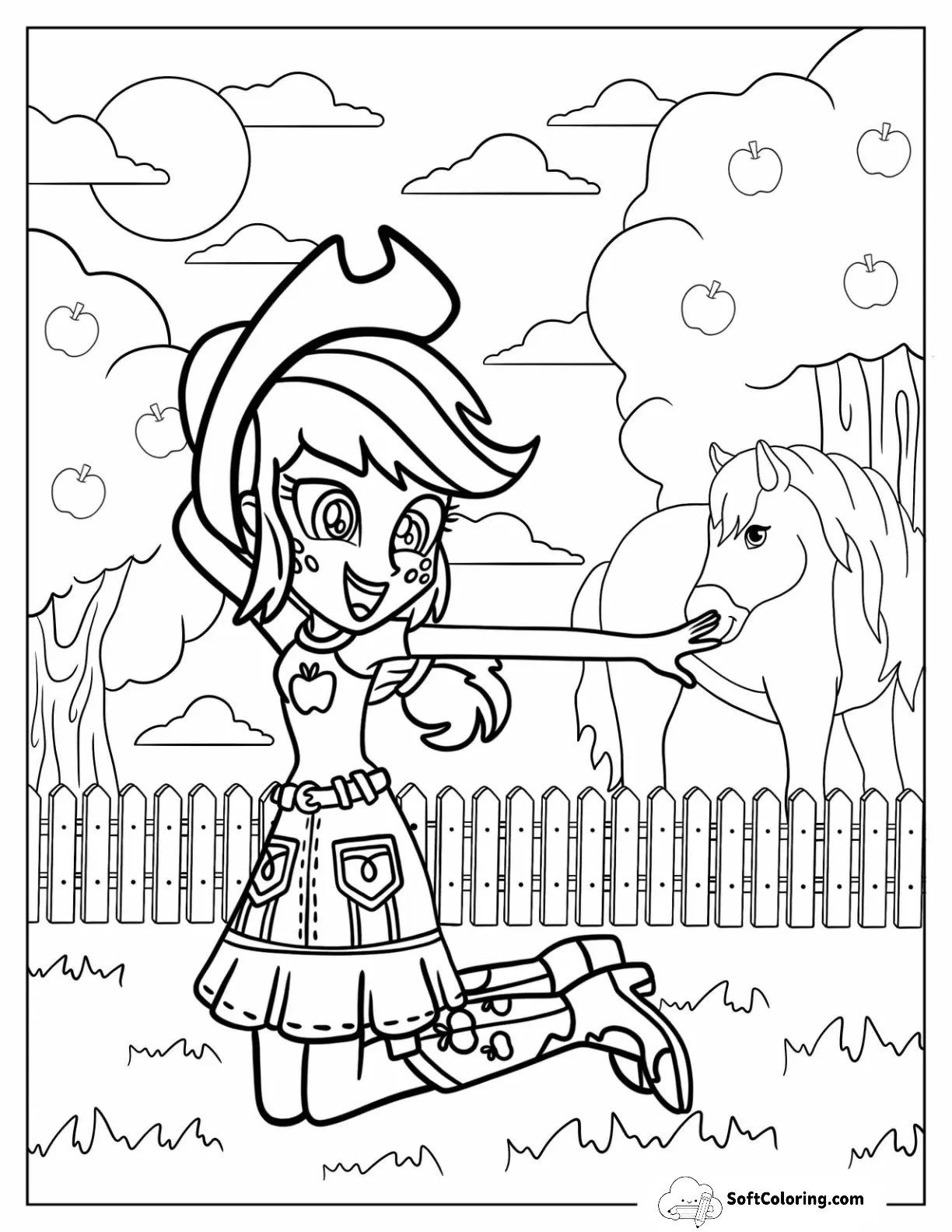 Equestria Girls Applejack Coloring Page Kneeling On Grass