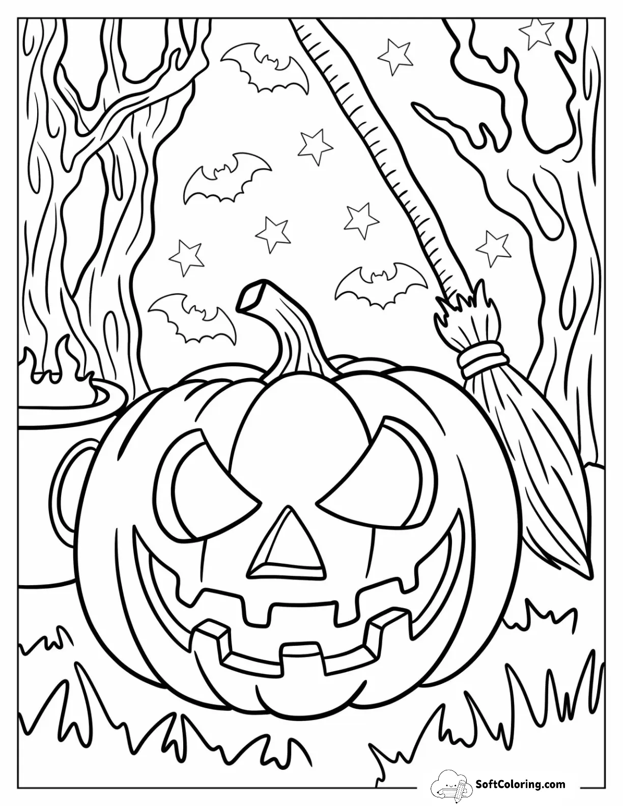 Evil Jack-O-Lantern With Cauldron And Broomstick In Spooky Forest