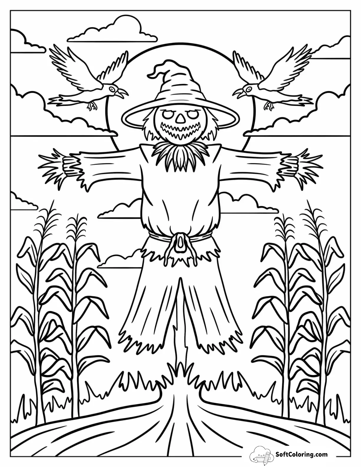 Evil Scarecrow Standing In Haunted Cornfield With Crows