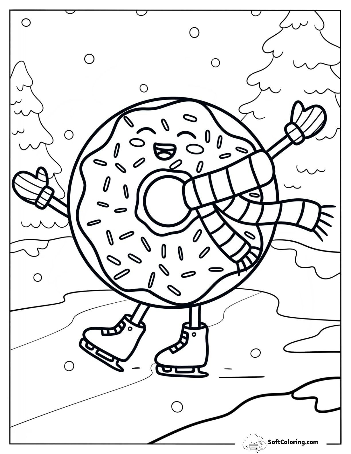 Excited Donut Coloring Page Ice Skating In Winter