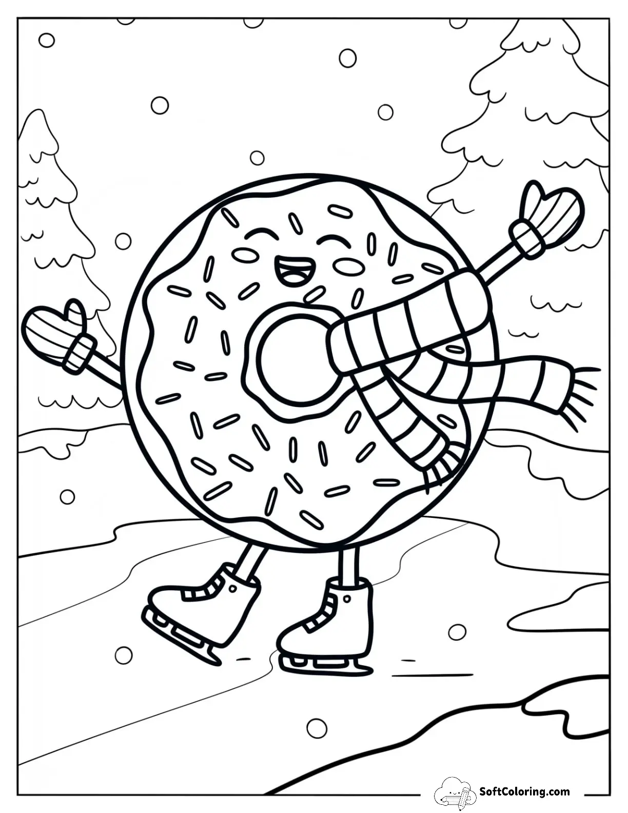 Excited Donut Coloring Page Ice Skating In Winter