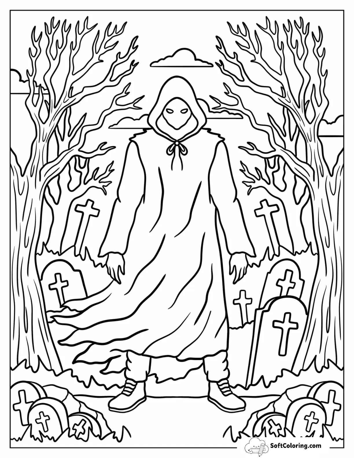 Faceless Reaper In Hooded Cloak Standing In Haunted Graveyard