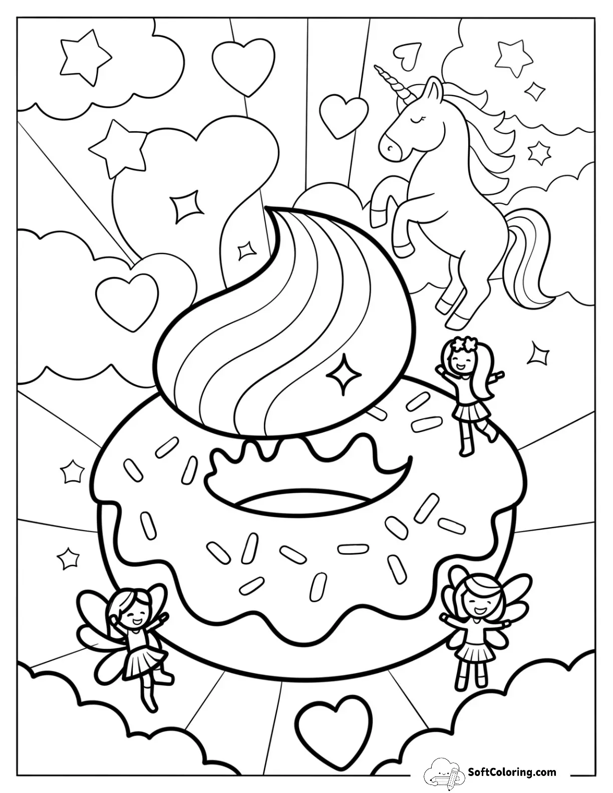 Fairies Surrounding A Donut Coloring Page In The Clouds