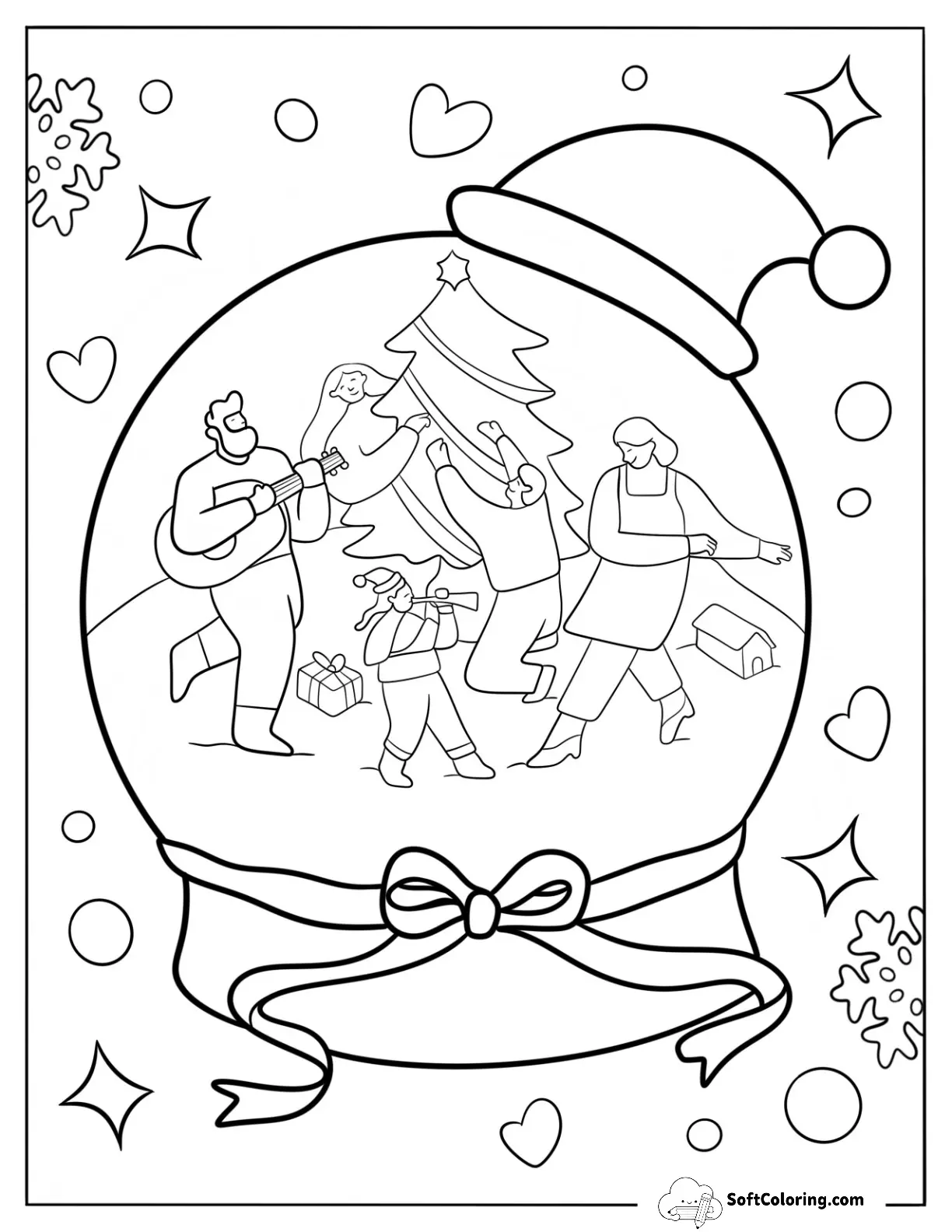 Family Celebrating Christmas Snow Globe Coloring Page