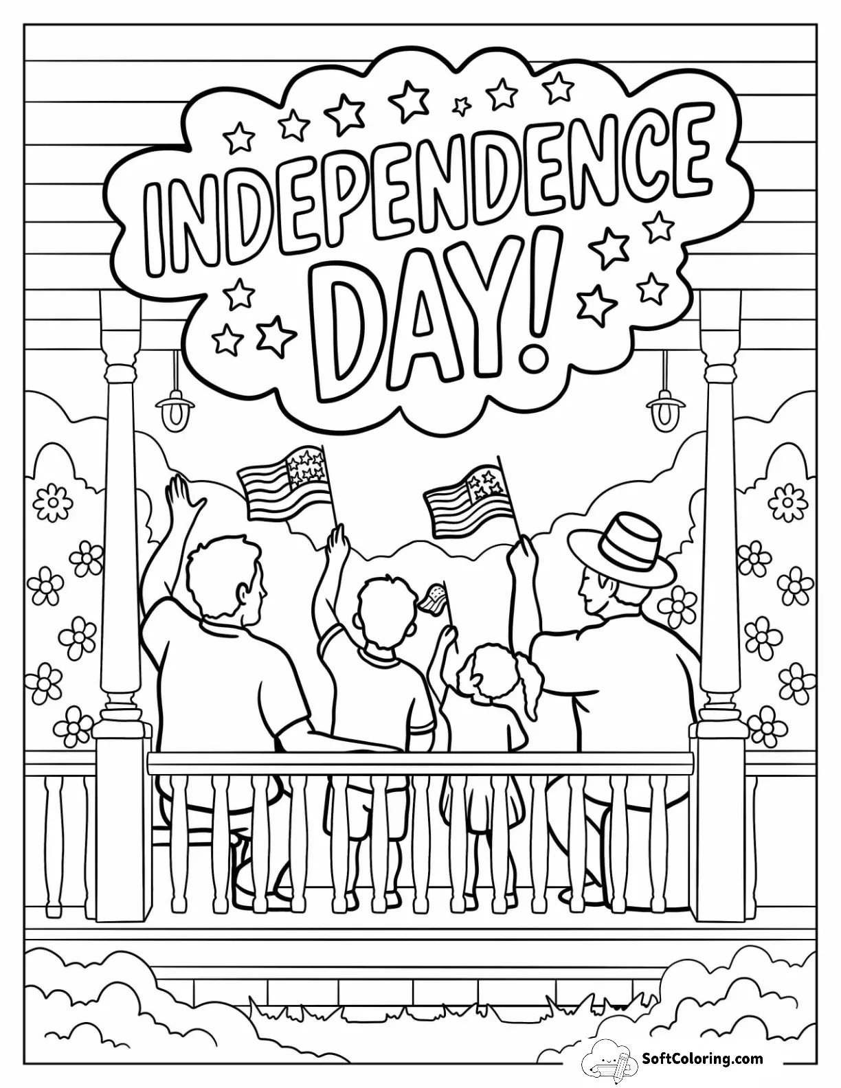 Family Waving Flags From Porch On Independence Day