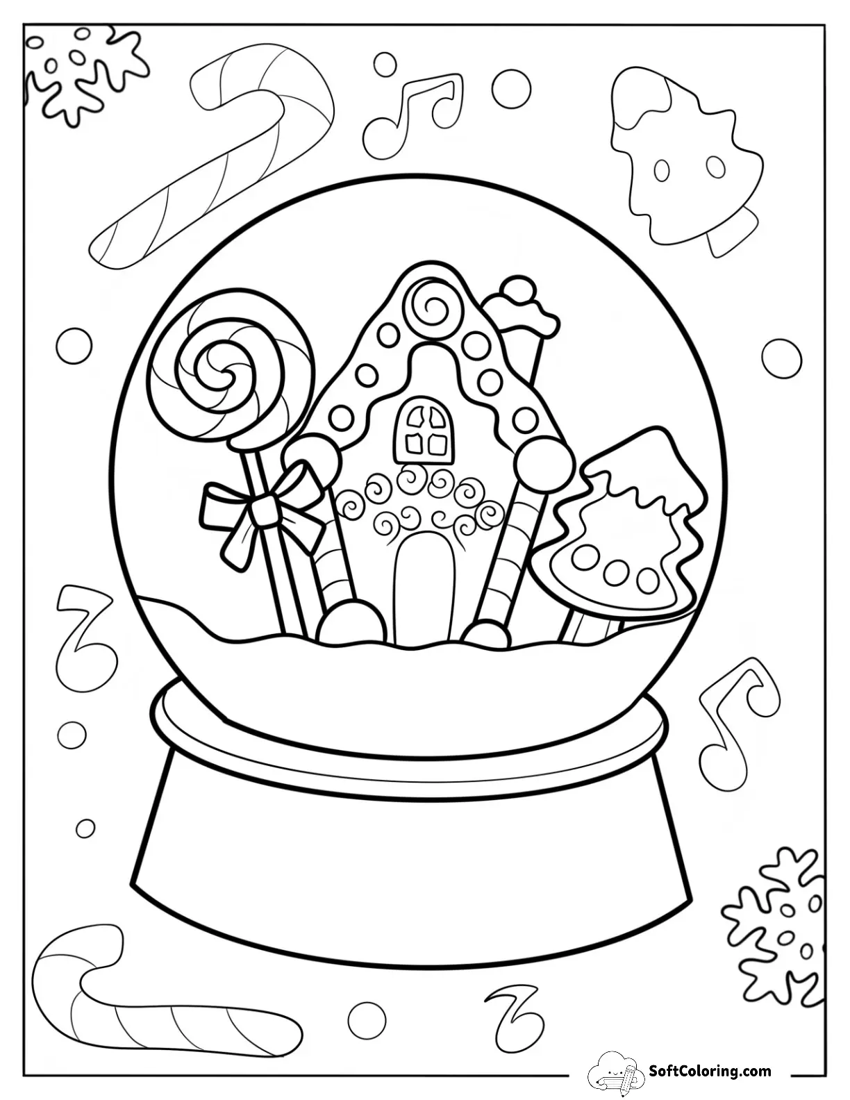 Fancy Gingerbread House With Candy Cane Snow Globe Coloring Page