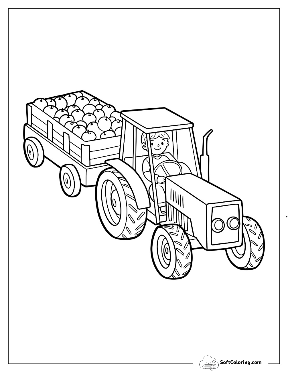 Farmer Driving Tractor With Cart Full Of Apples For Kids