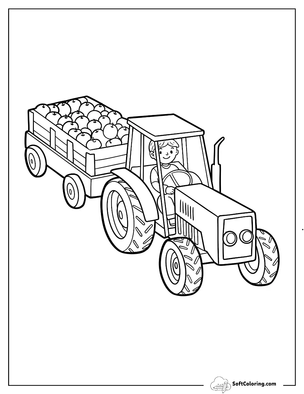 Farmer Driving Tractor With Cart Full Of Apples For Kids