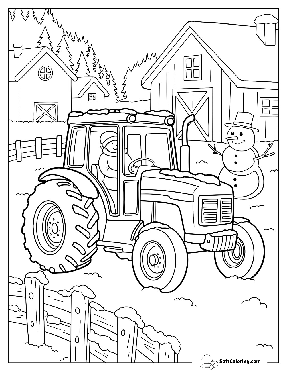 Farmer Driving Winter Tractor Through Snow