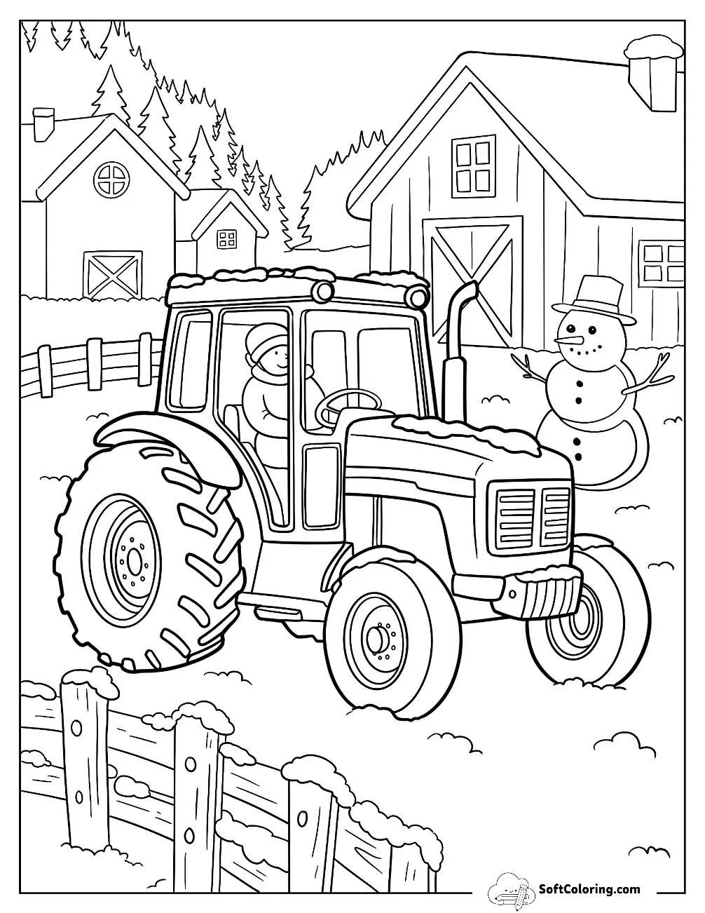 Farmer Driving Winter Tractor Through Snow