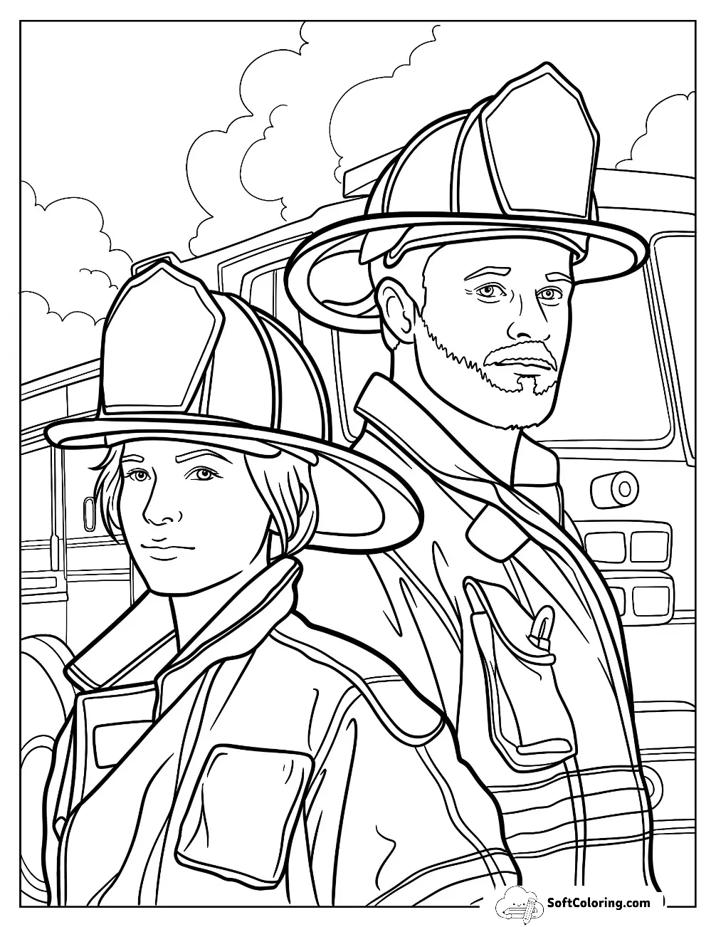 Father And Son Firemen In Front Of A Fire Truck Coloring Page