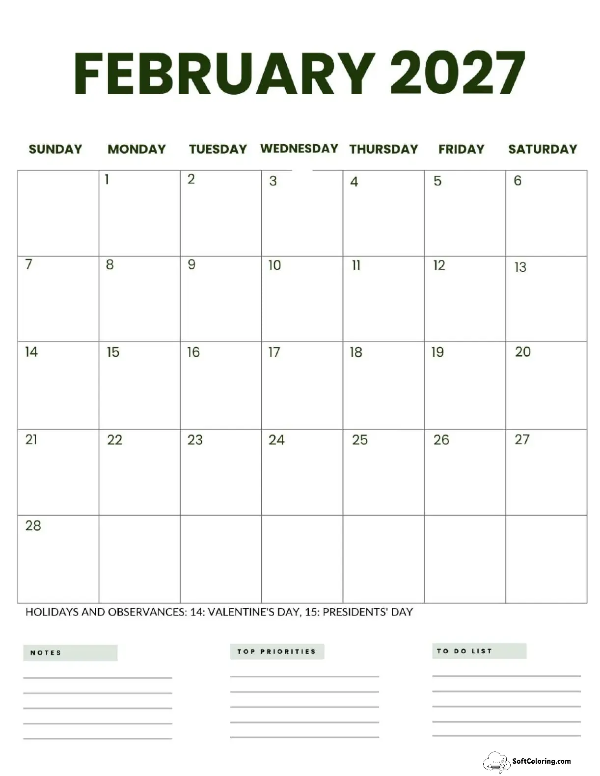 February 2027 Calendar Printable Business 2 Portrait