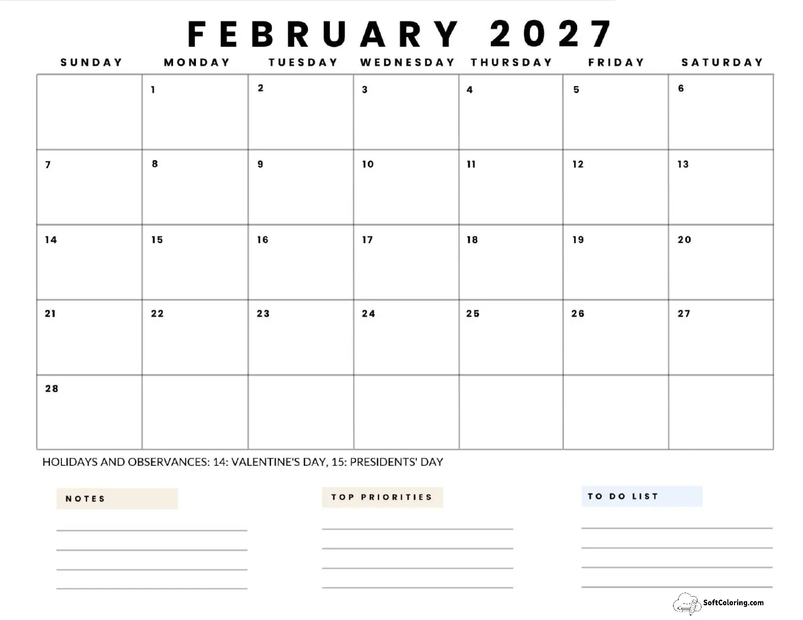 February 2027 Calendar Printable Business 5 Landscape