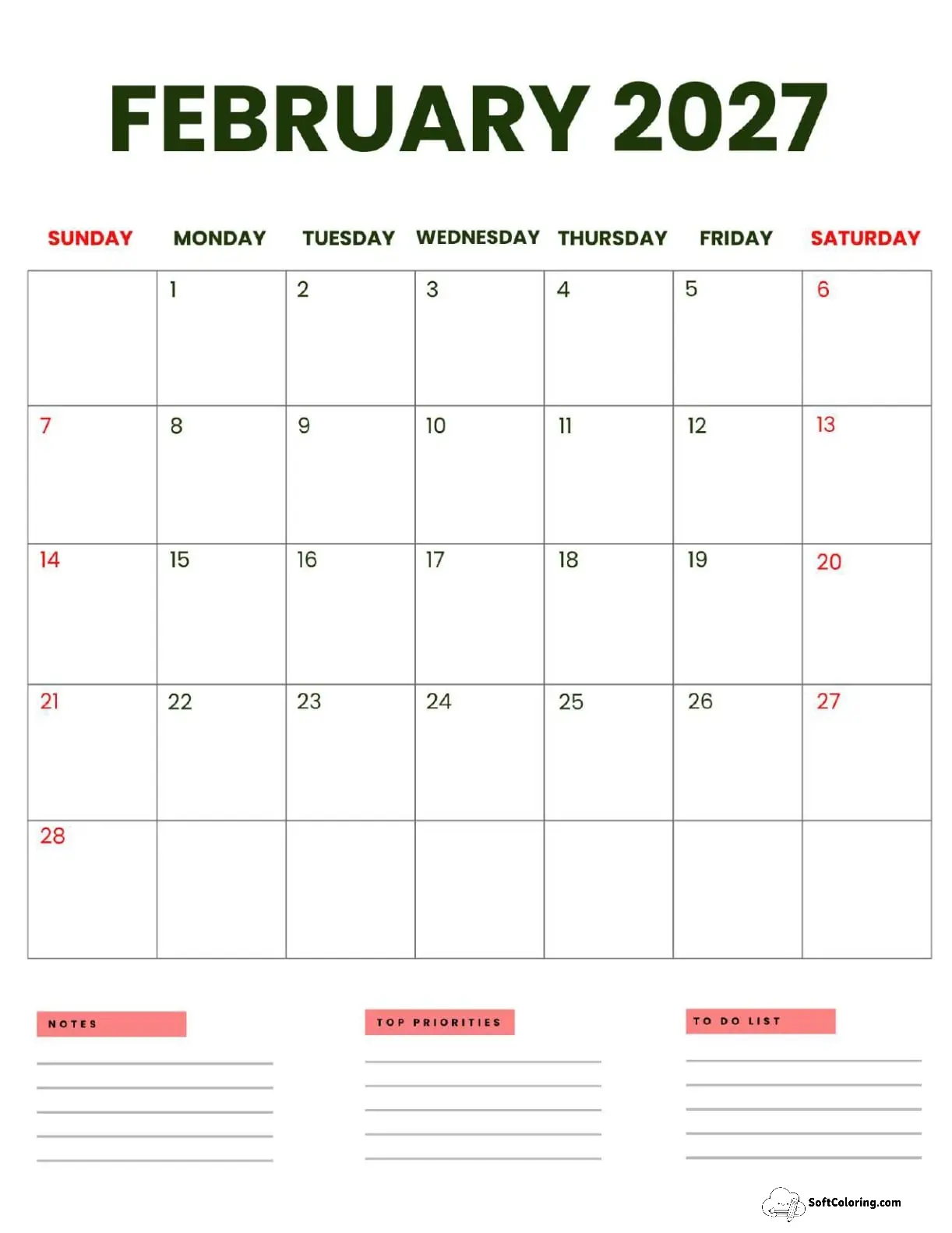 February 2027 Calendar Printable Business Portrait