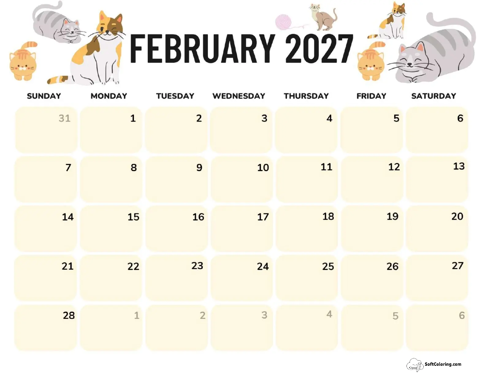 February 2027 Calendar Printable Cats Landscape