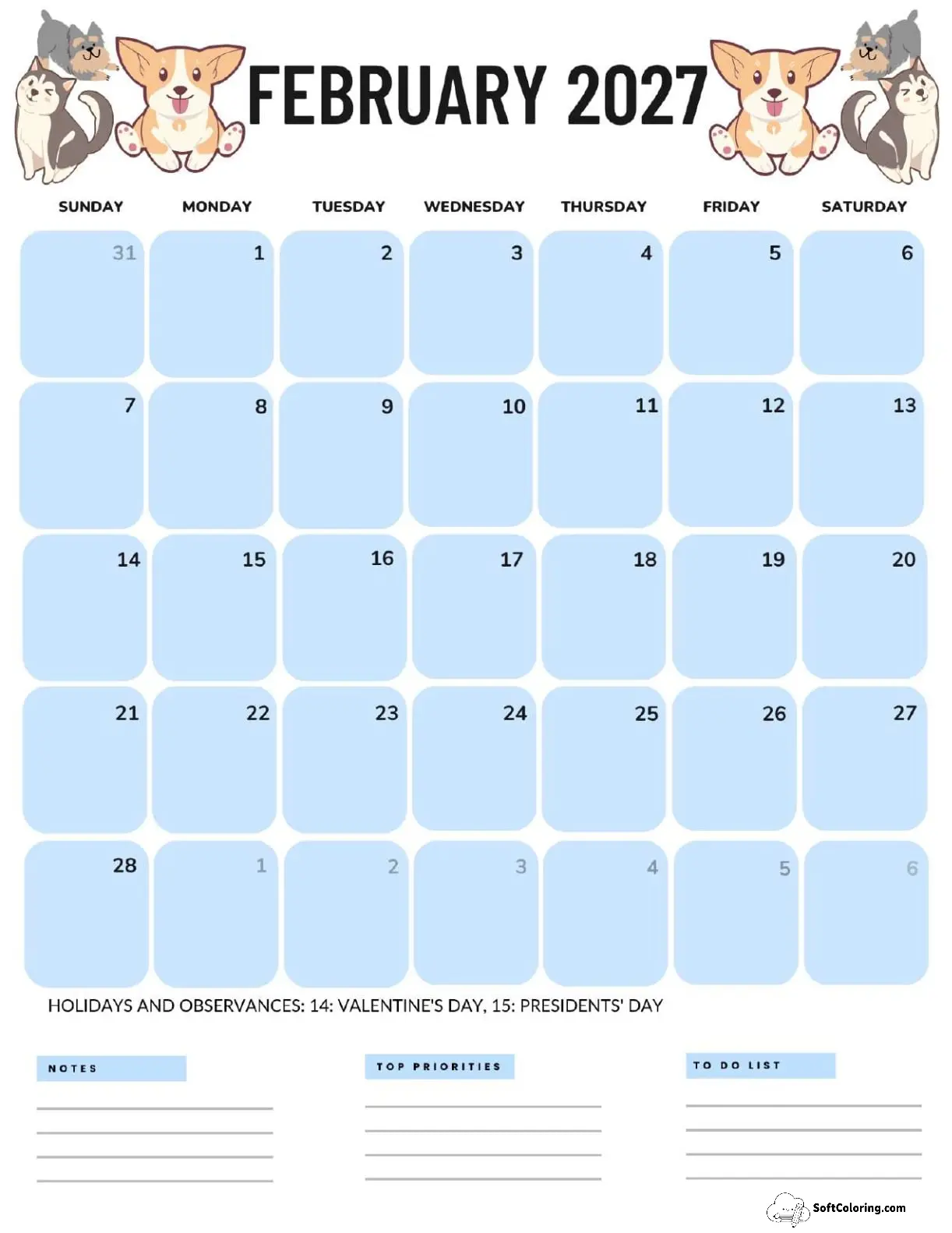 February 2027 Calendar Printable Dogs Portrait