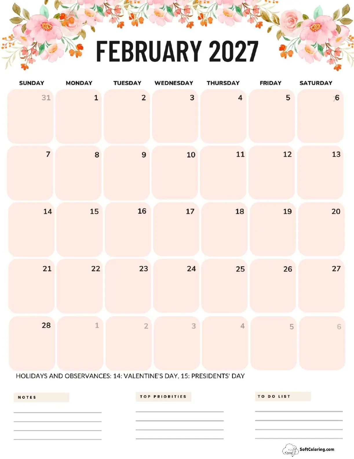 February 2027 Calendar Printable Flowers Portrait