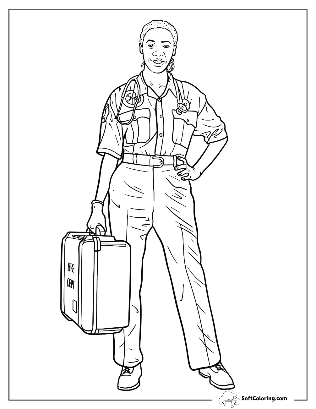 Ambulance Coloring Page Of Female Paramedic Carrying Equipment