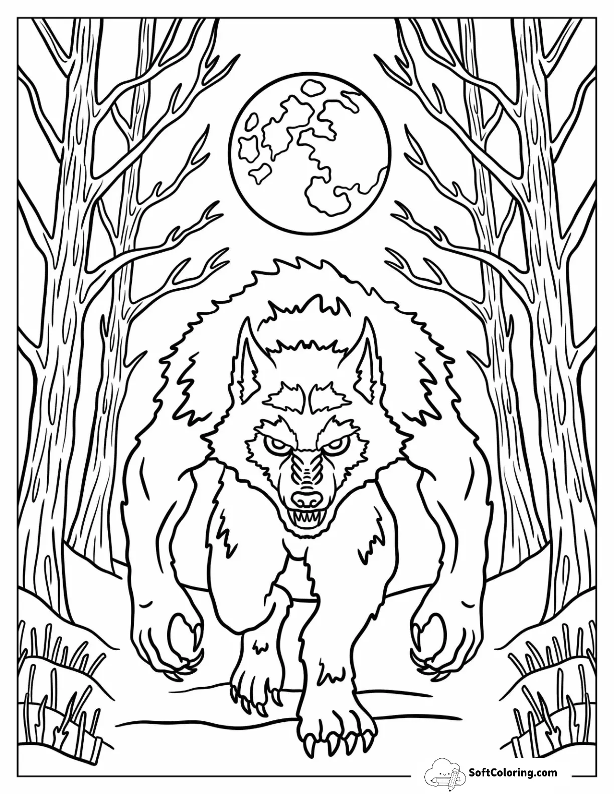 Ferocious Werewolf Under The Full Moon Horror Coloring Page