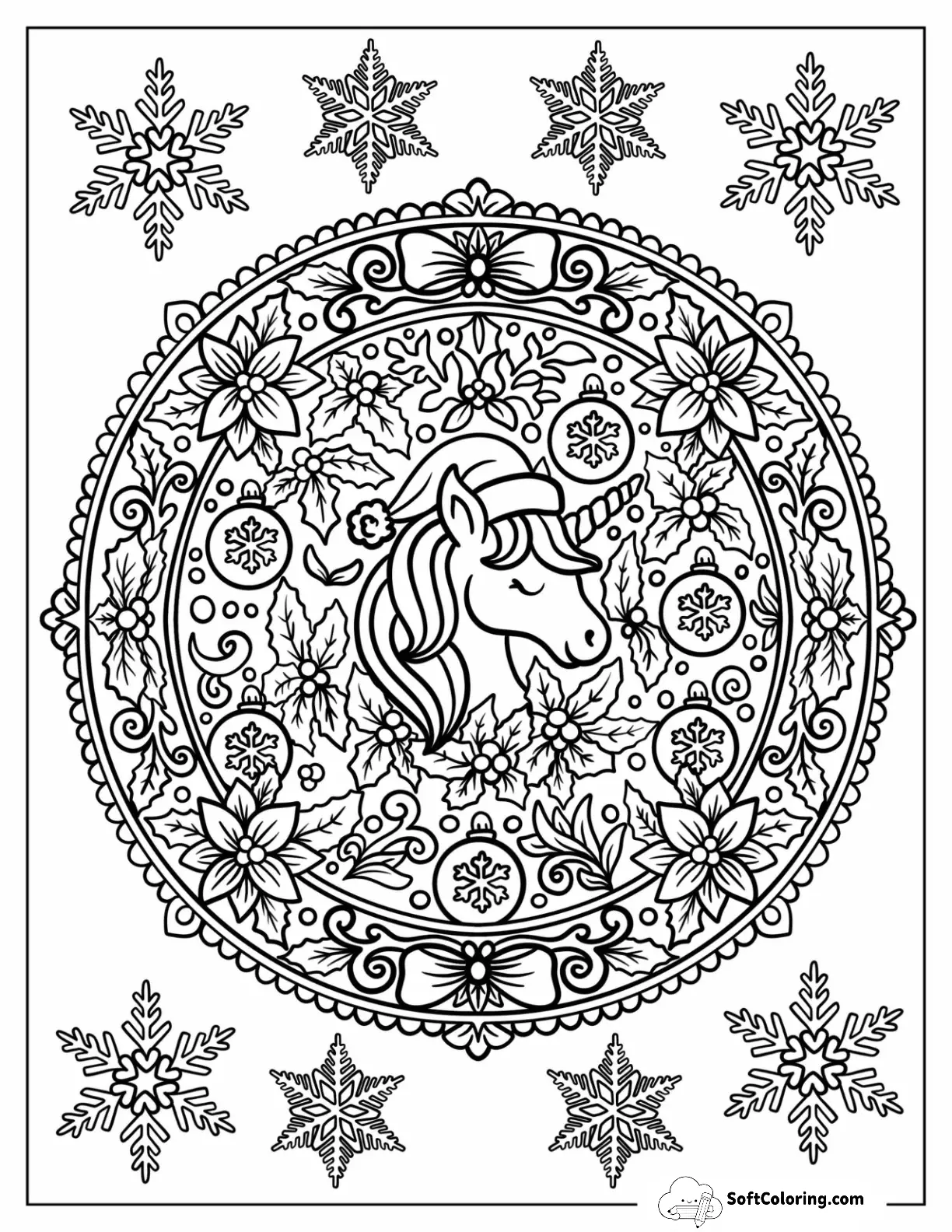 Festive Christmas Unicorn Mandala With Snowflakes