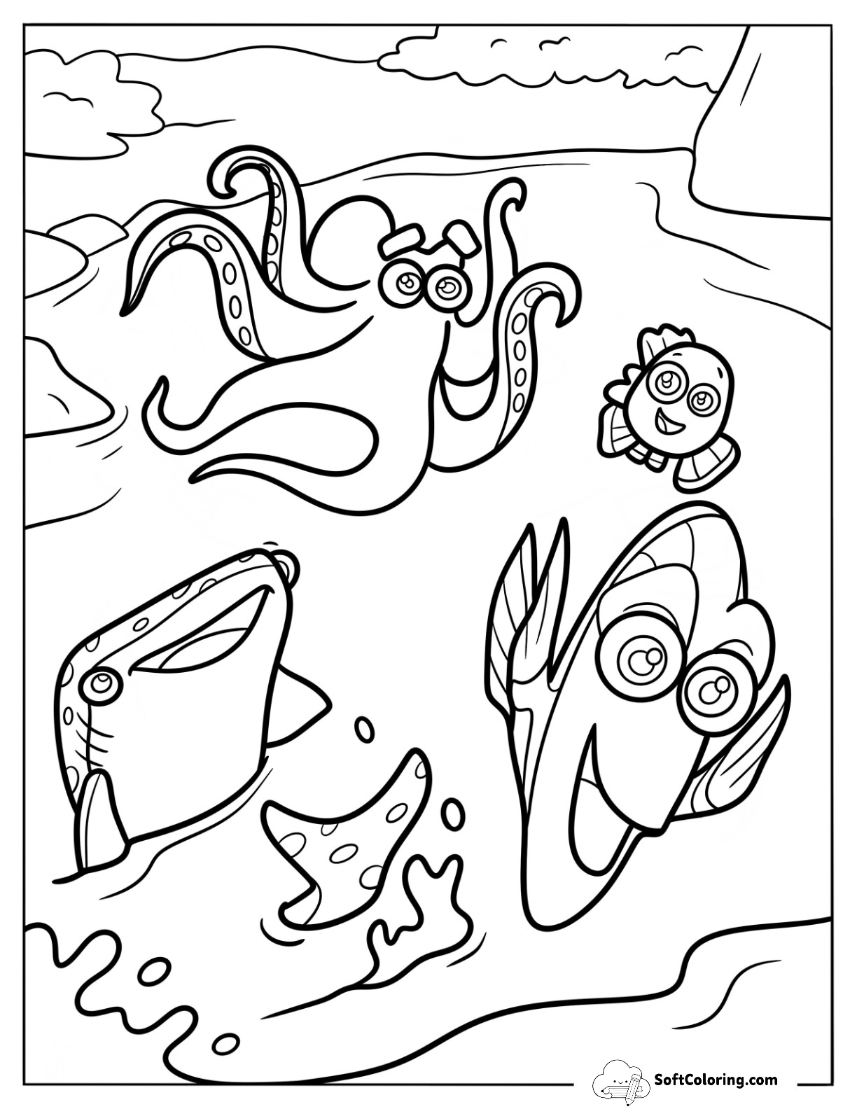 Finding Dory Coloring Page Swimming With Nemo, Hank, And Destiny