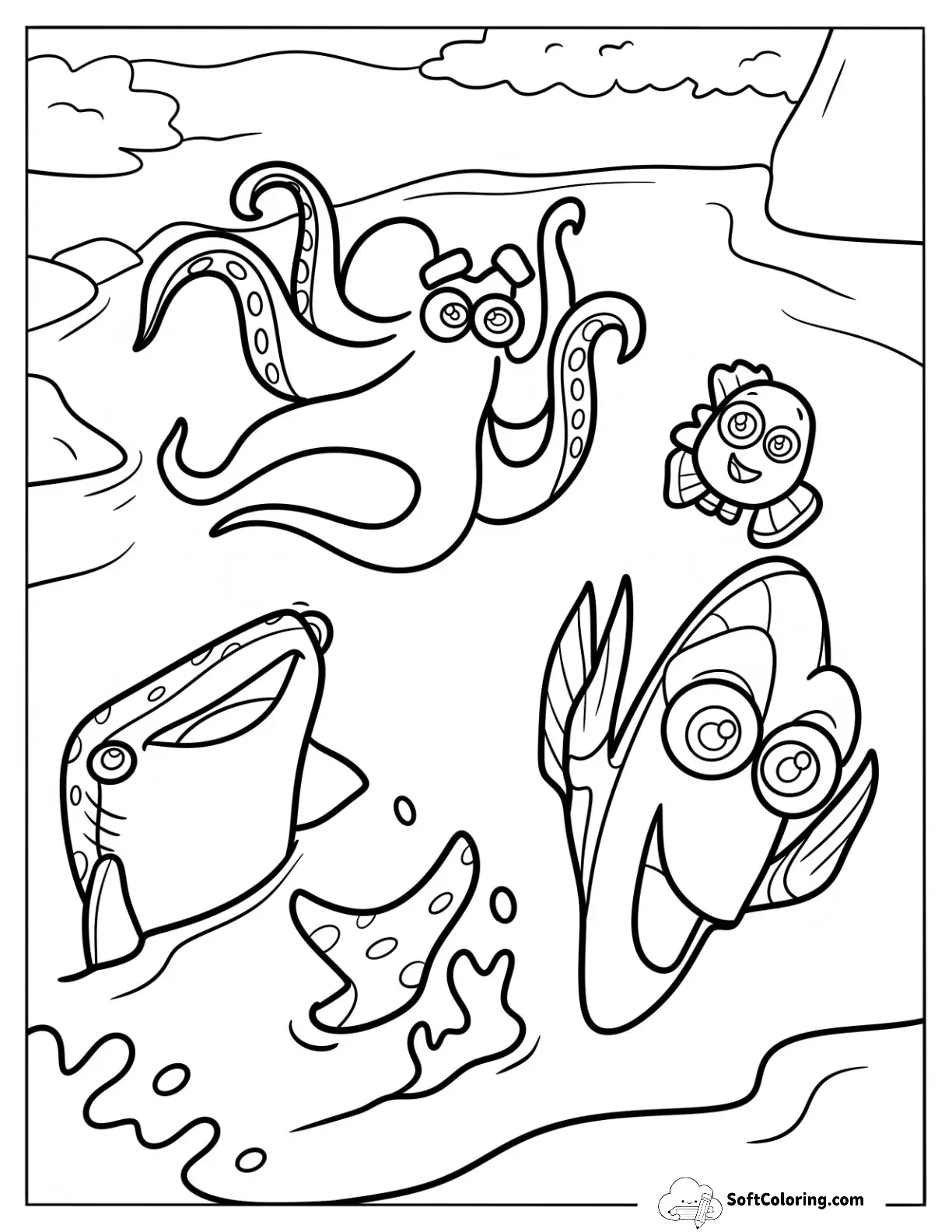Finding Dory Coloring Page Swimming With Nemo, Hank, And Destiny