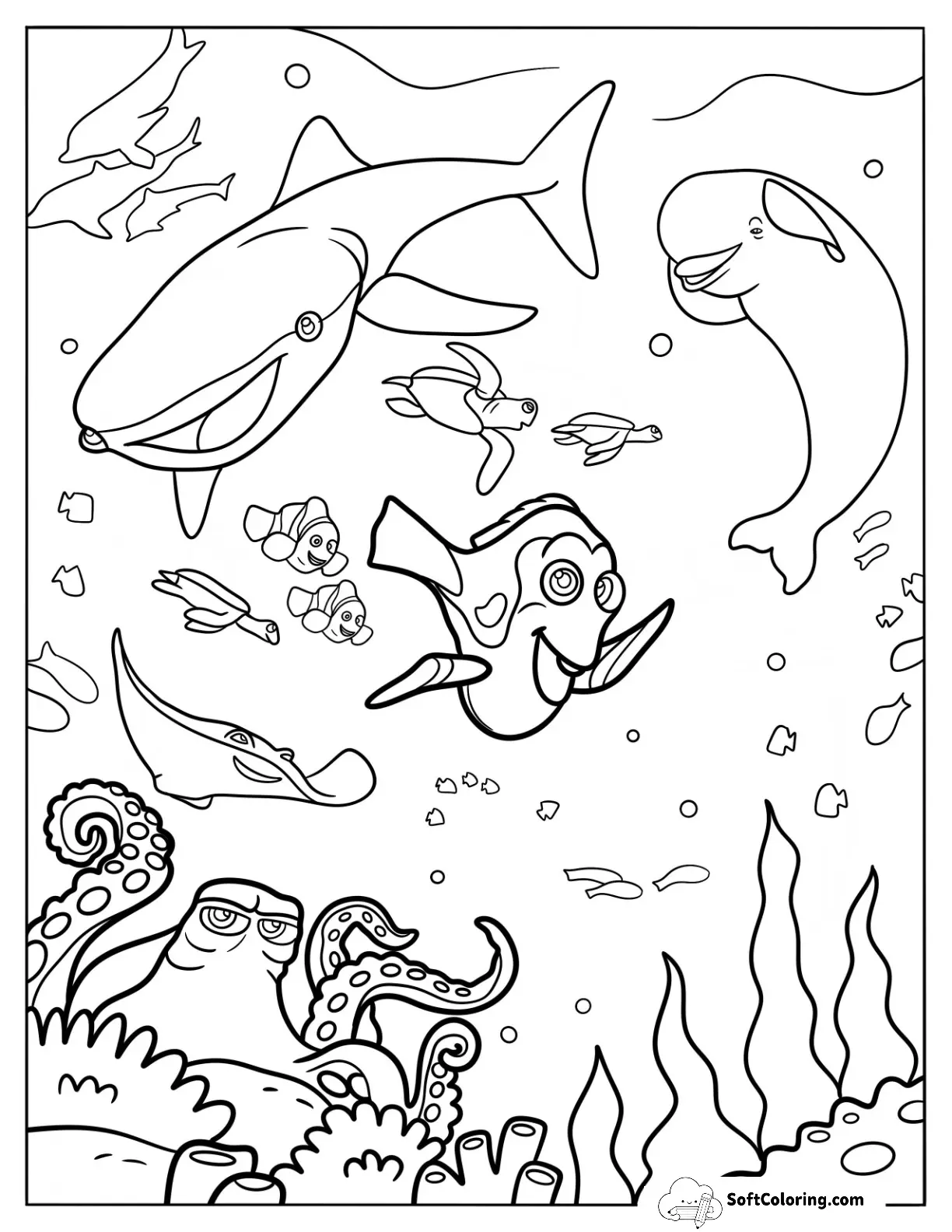 Finding Dory Coloring Page With Marlin, Nemo, Bailey, And Friends