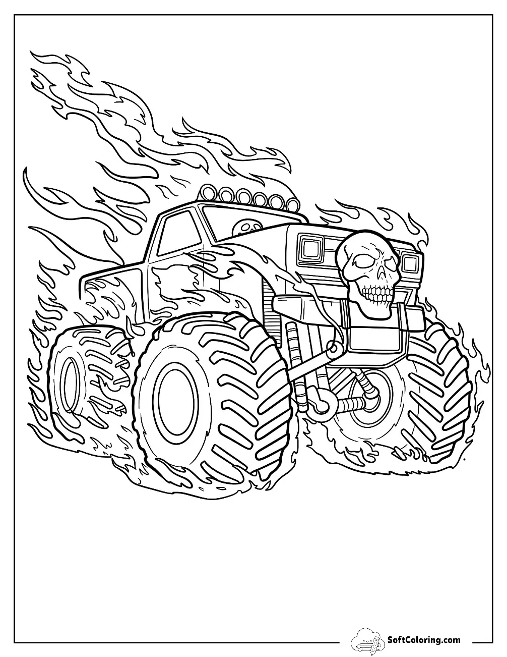 Flaming Monster Truck Coloring Page With Skull