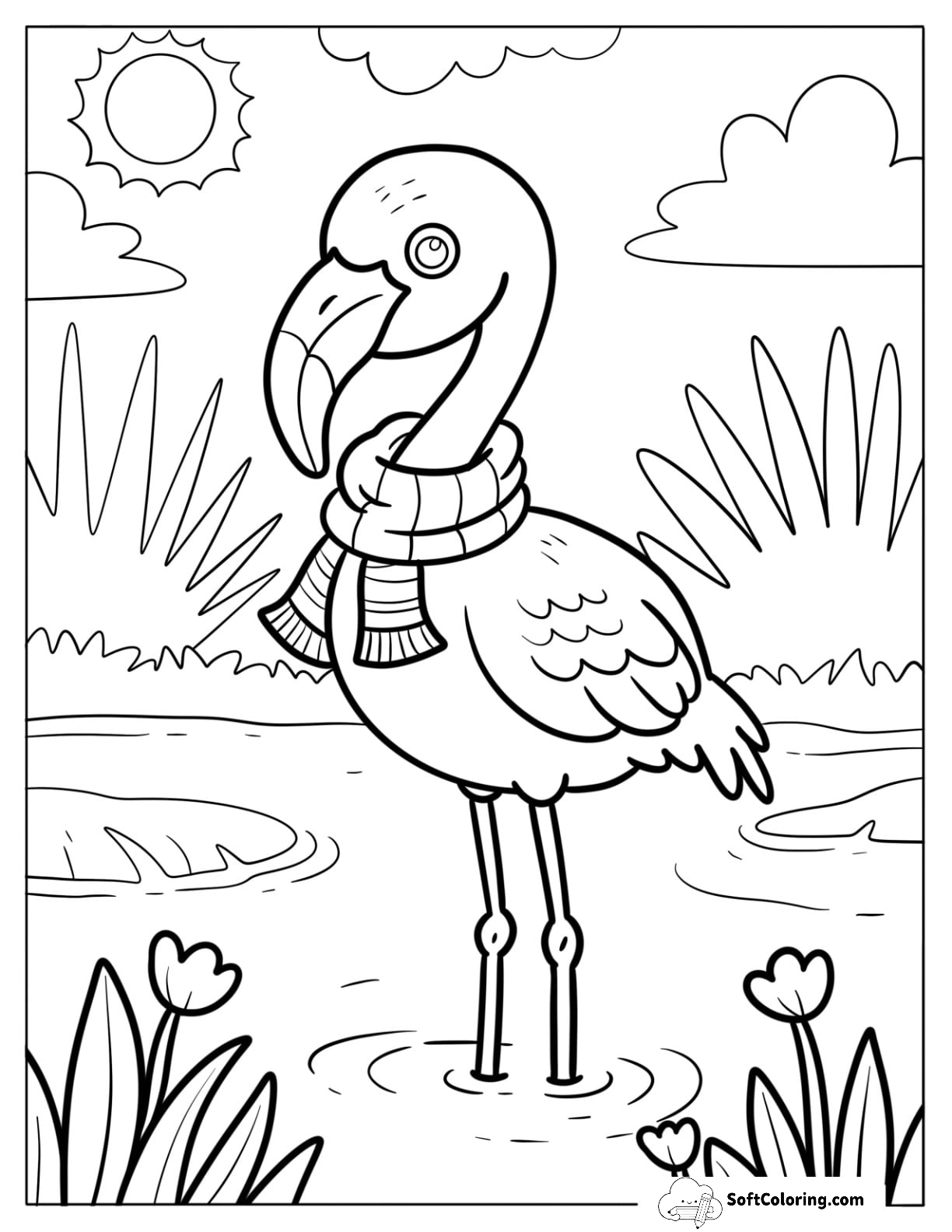 Flamingo In A Cozy Scarf By The Pond Coloring Sheet For Kids