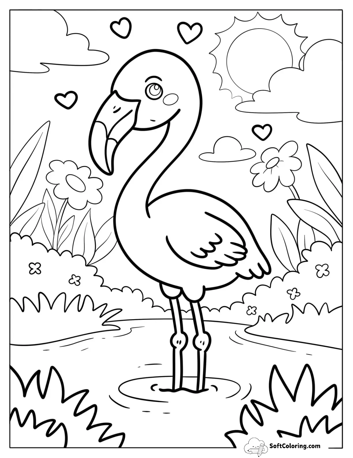 Flamingo In A Garden Pond With Love Hearts