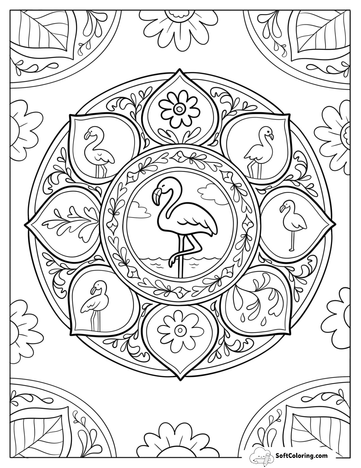 Floral Flamingo Mandala Coloring Page For Adults