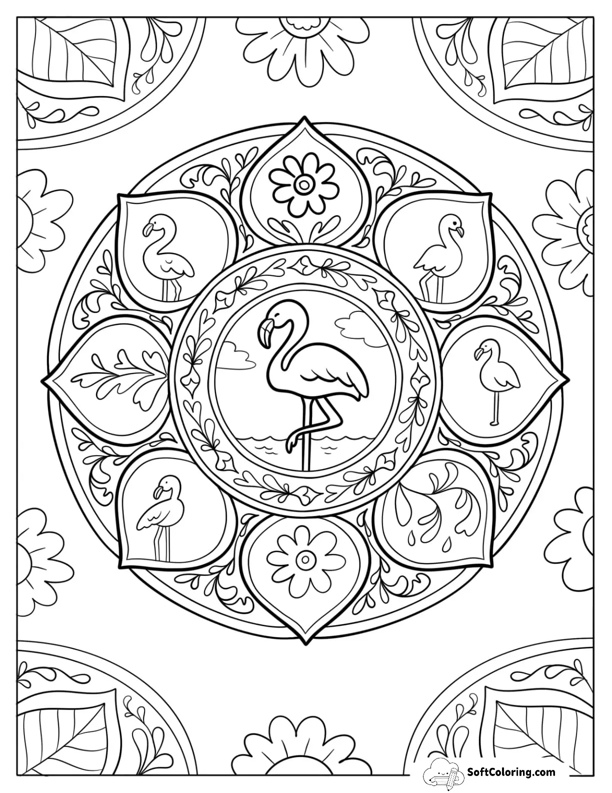 Floral Flamingo Mandala Coloring Page For Adults