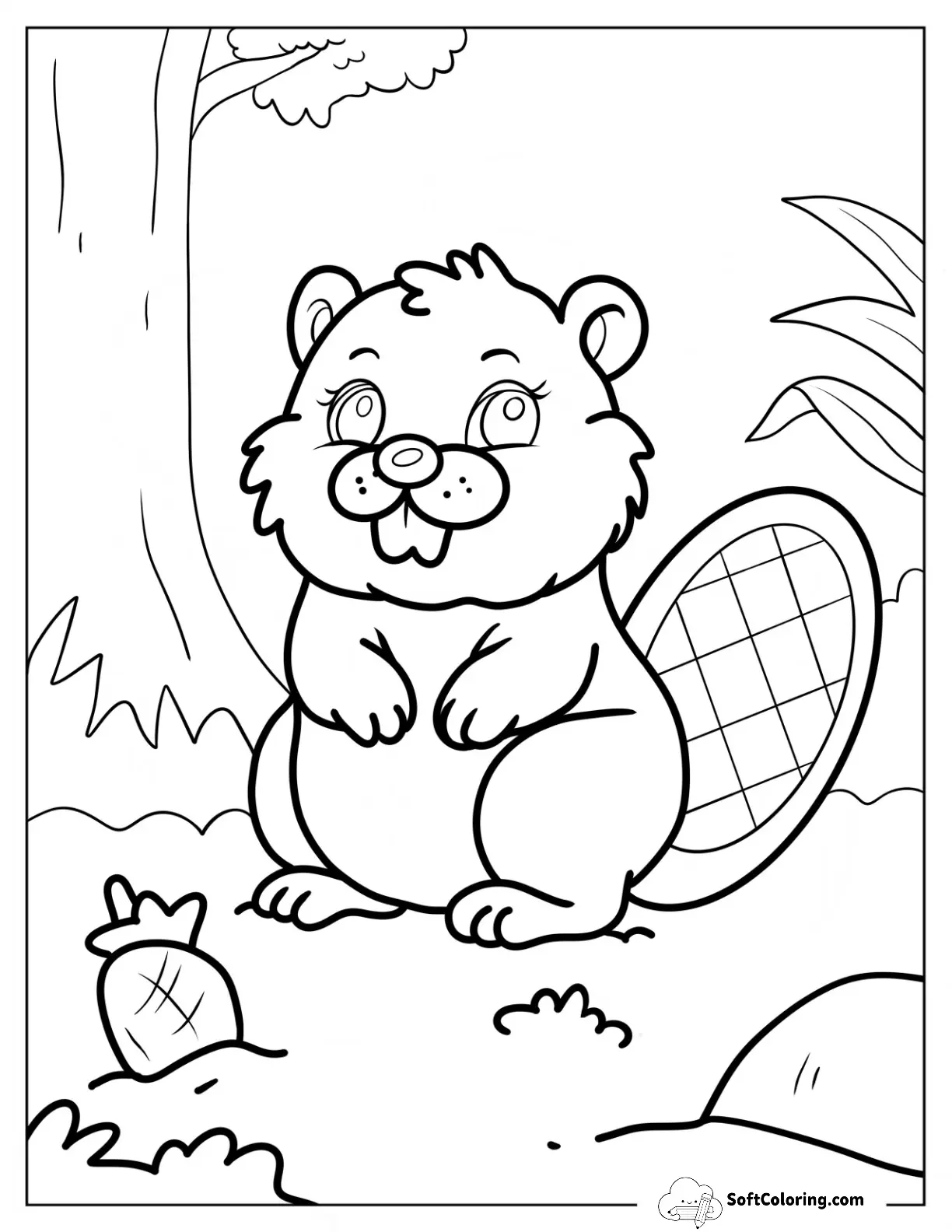 Fluffy Beaver Coloring Page Standing In A Forest