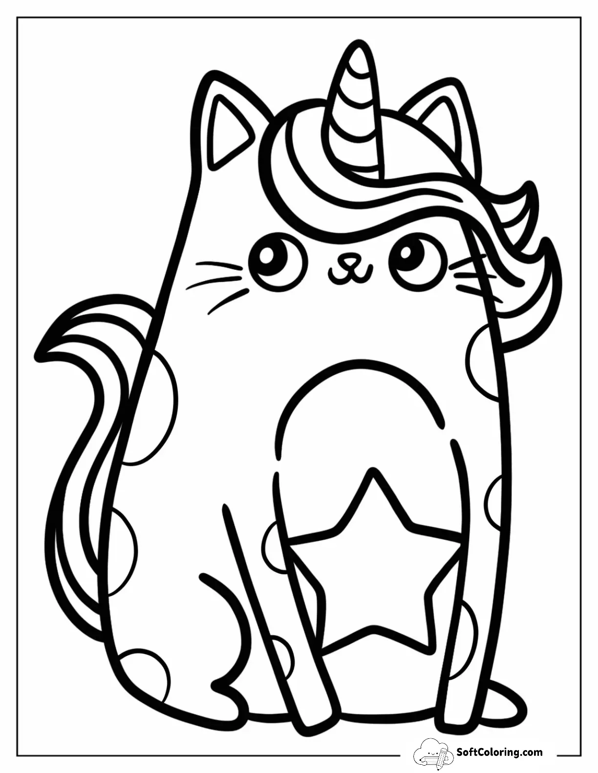 Fluffy Unicorn Cat Coloring Page With Flowing Hair