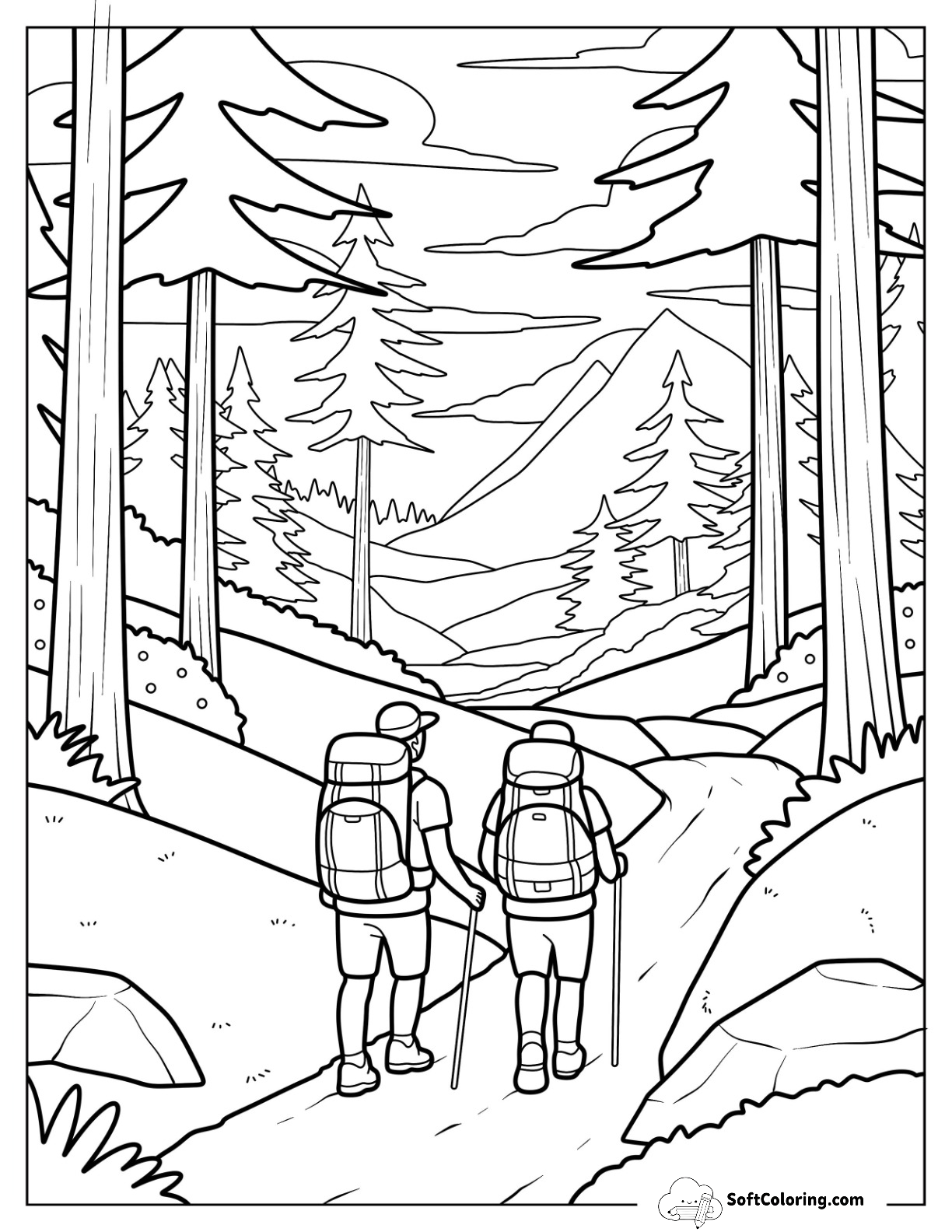 Forest Hikers Trekking Toward Sunset Overlook