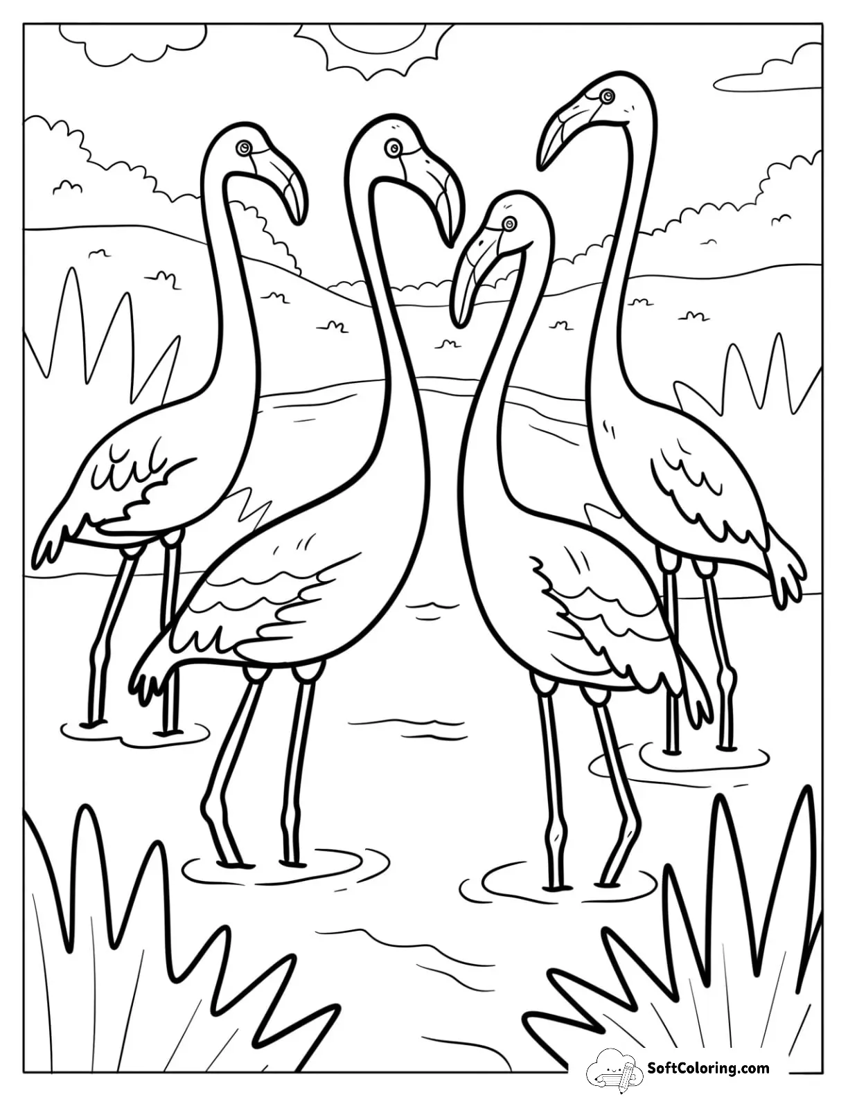 Four Flamingos Wading In The Water Coloring Sheet