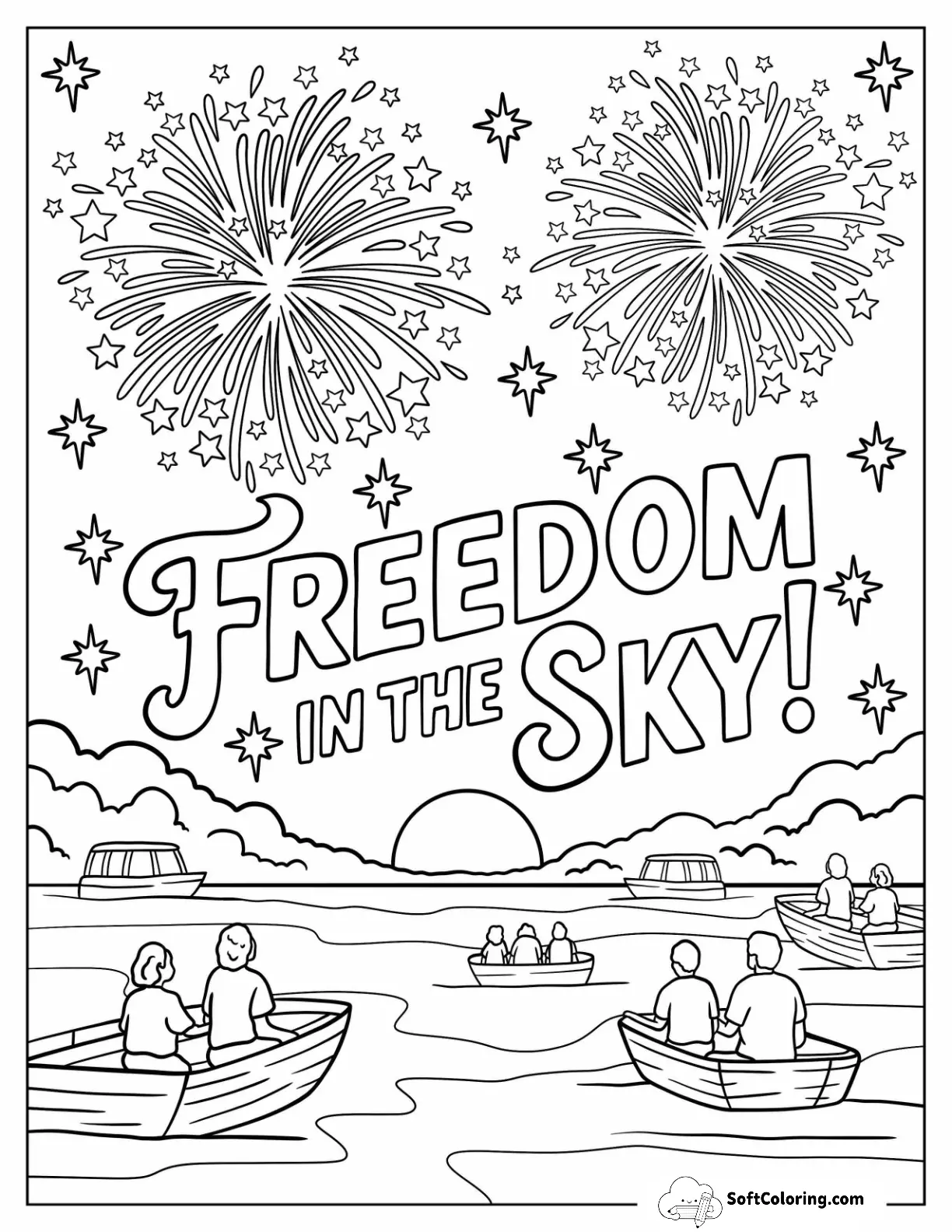 Freedom In The Sky Text With Fireworks And People On Boats