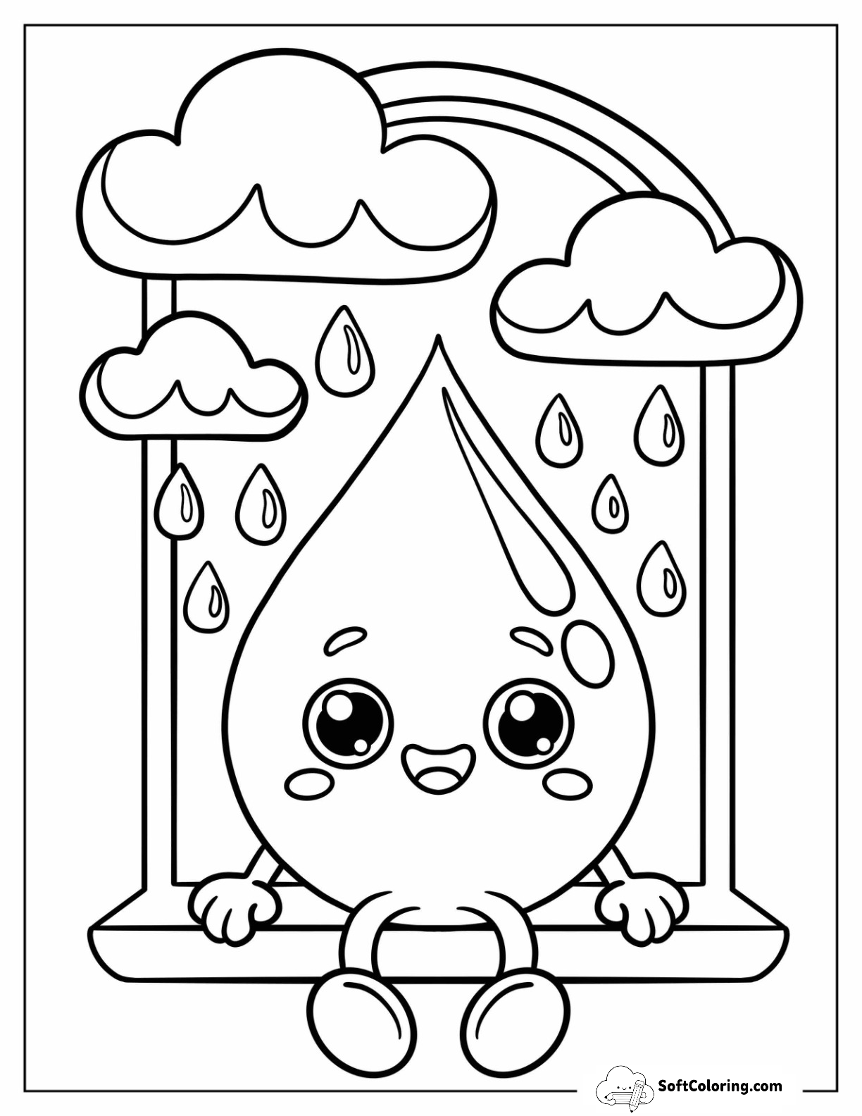 Friendly Cartoon Raindrop Seated On Window Ledge As Rain Falls Outside