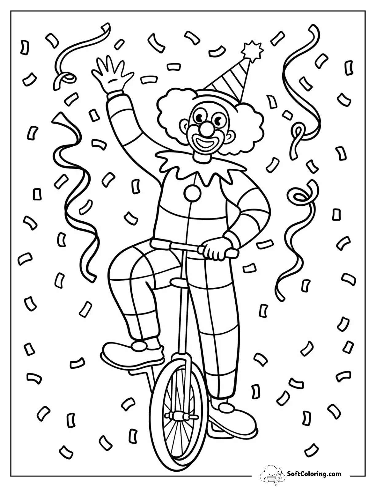 Friendly Clown Coloring Page Waving While Riding A Unicycle