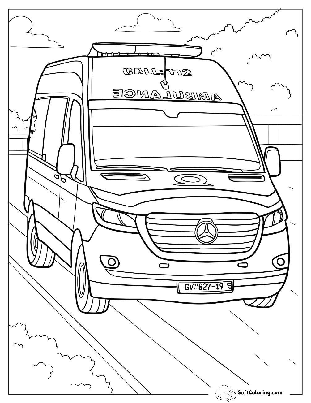 Front View Of Ambulance Coloring Page Speeding On The Road